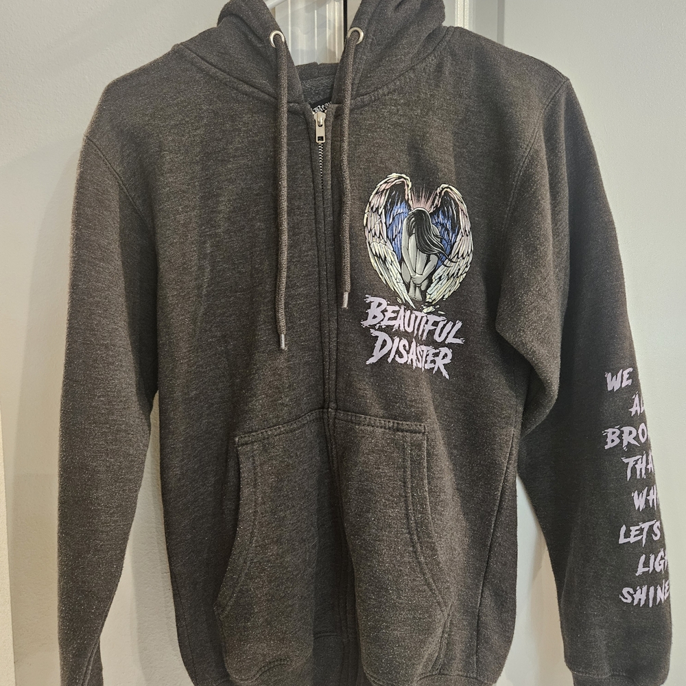Beautiful Disaster Women's Zip-Up Hoodie - Dark Gray with Angel Graphic